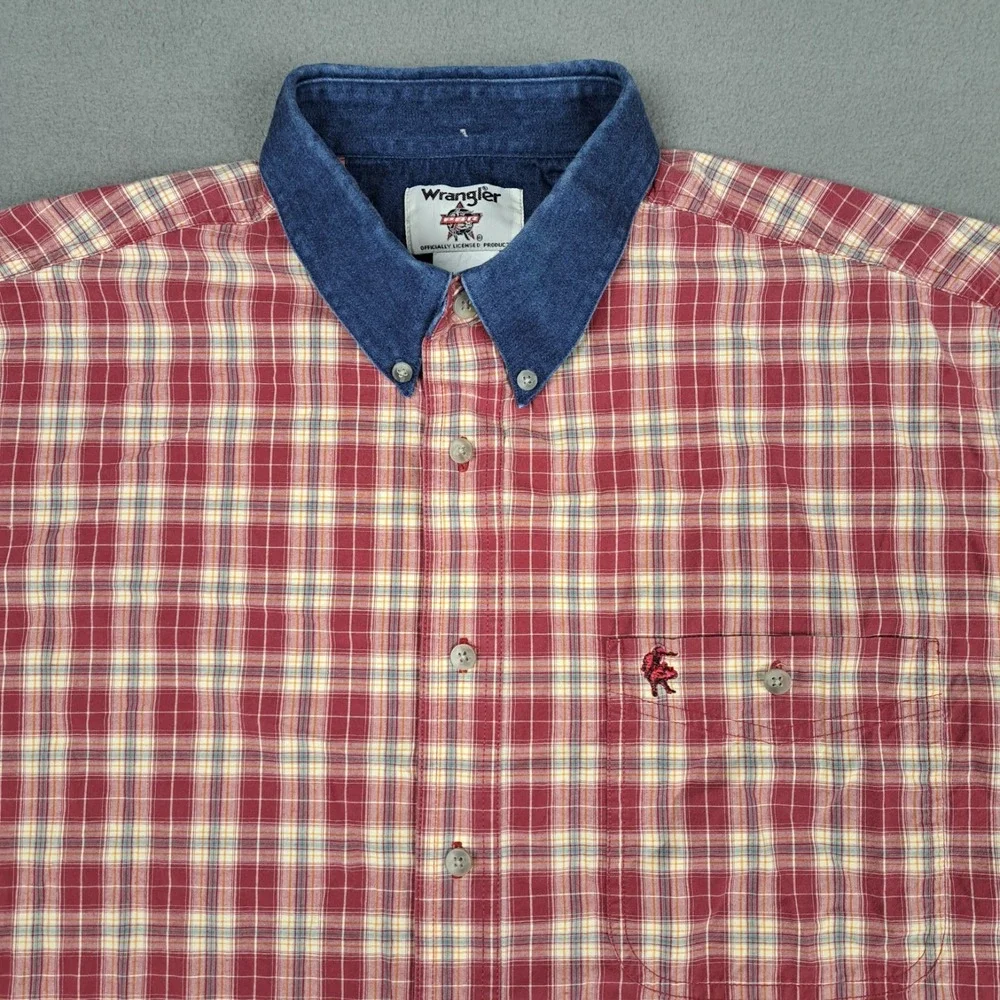 Wrangler PBR Button Down Shirt Mens Size XL Red Plaid Rodeo Bull Riding Official
